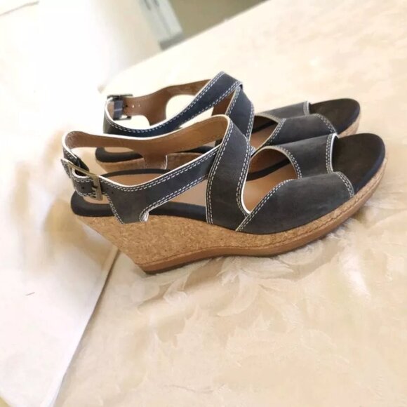 Womens Clarks Leather Wedge Sandals Shoes 10 M Blue Gray Buckle - Picture 4 of 12